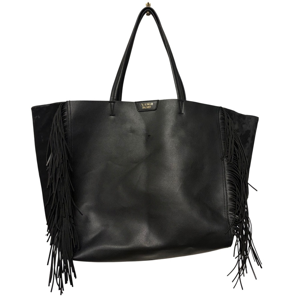 Victorias Secret Black Fringe Tote Bag Oversized Faux Leather Suede Travel Boho